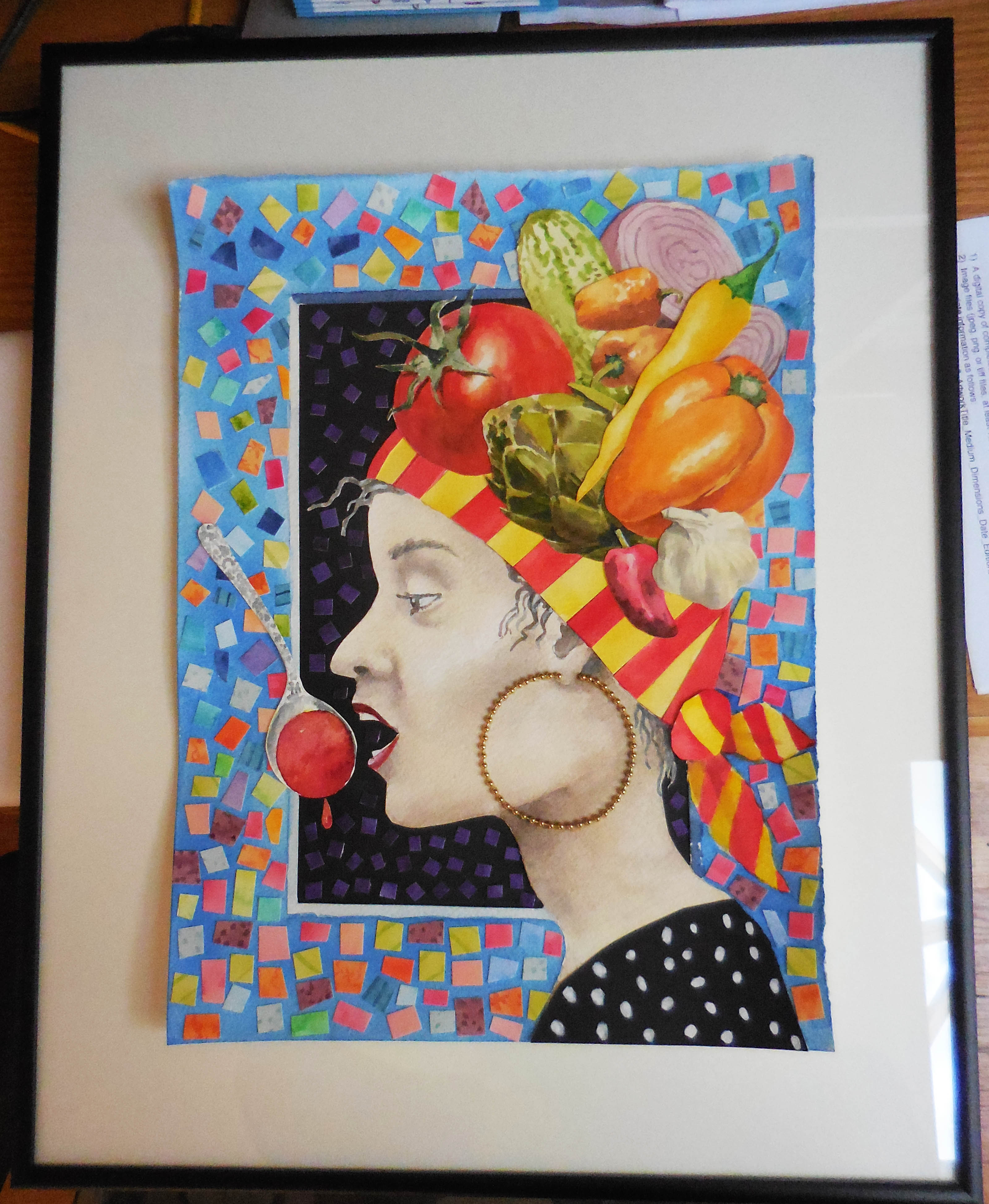SandraForrest_Ms. Gaspacho_ Watercolorcollage_16x20_8_3_17